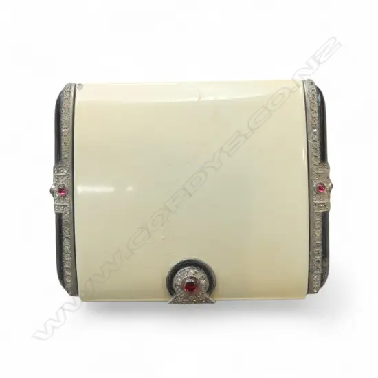 ART DECO S/PLATE & DIAMANTE POWDER COMPACT w leather pouch