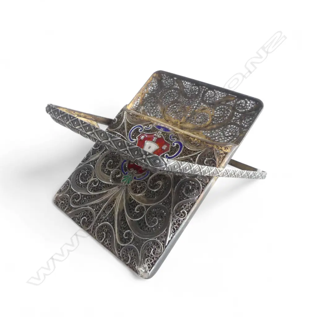 ANTIQUE SILVER FILIGREE CIGARETTE/CARD CASE w ENAMELLED CREST, 70.88gm Image 1++