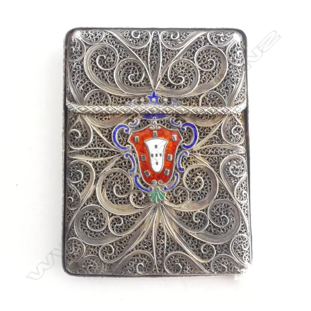 ANTIQUE SILVER FILIGREE CIGARETTE/CARD CASE w ENAMELLED CREST, 70.88gm Image 1++