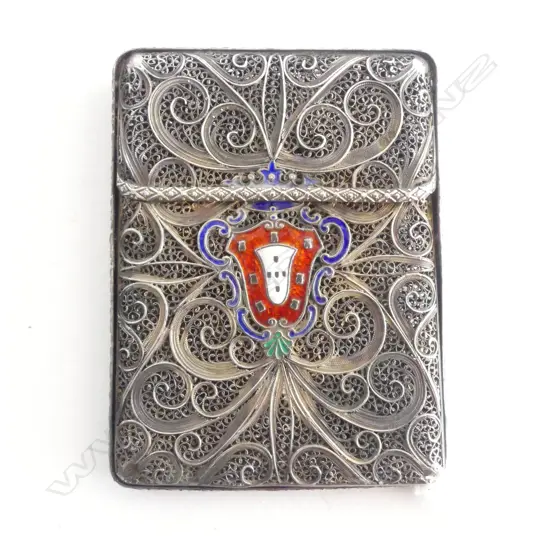 ANTIQUE SILVER FILIGREE CIGARETTE/CARD CASE w ENAMELLED CREST, 70.88gm
