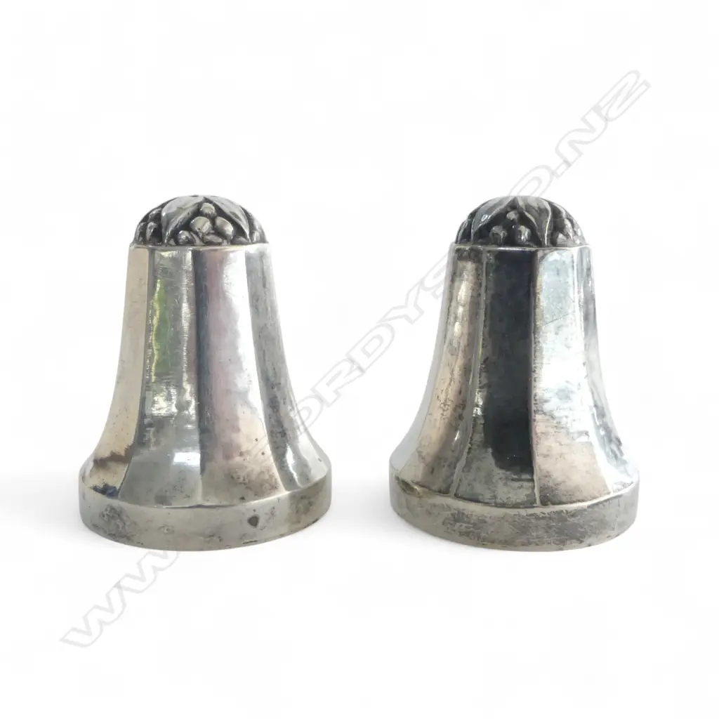 GEORG JENSEN SILVER PR OF CONDIMENTS floral top. Impressed marks to base. H.35mm. 32gms Image 1++