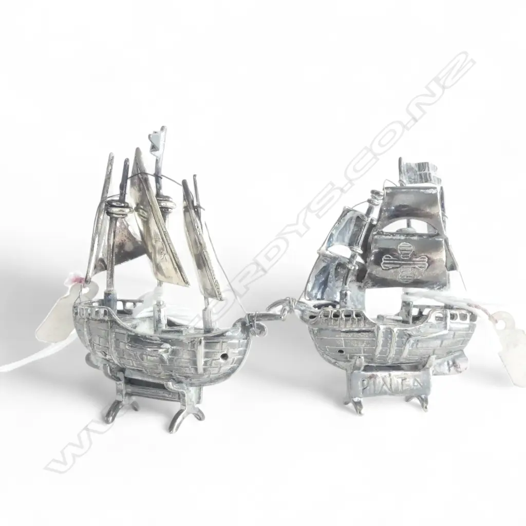 2 CAST STERLING MINI GALEON MODEL SHIPS on stands 65.4gms Image 1++