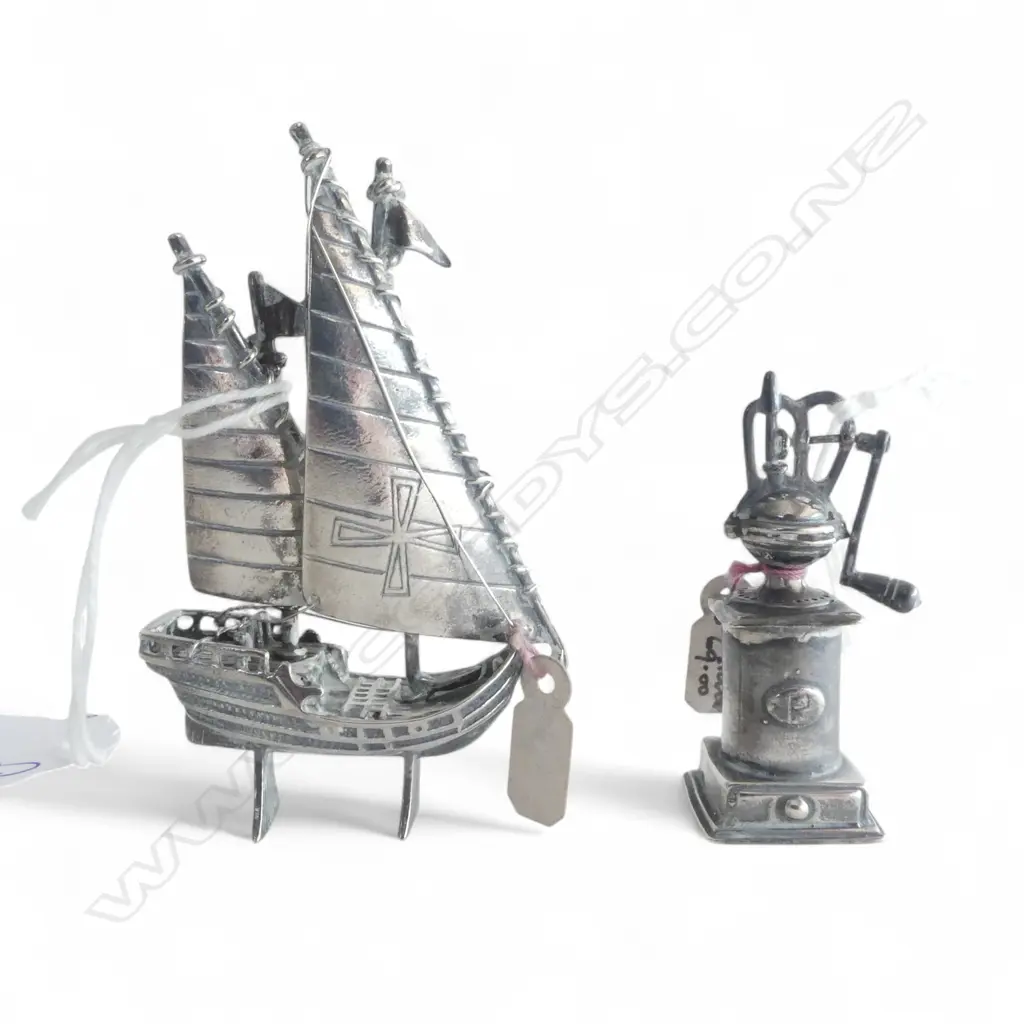 2 CAST STERLING MINI SCULPTURES: GALEON + COFFEE? GRINDER 55.5gms Image 1++