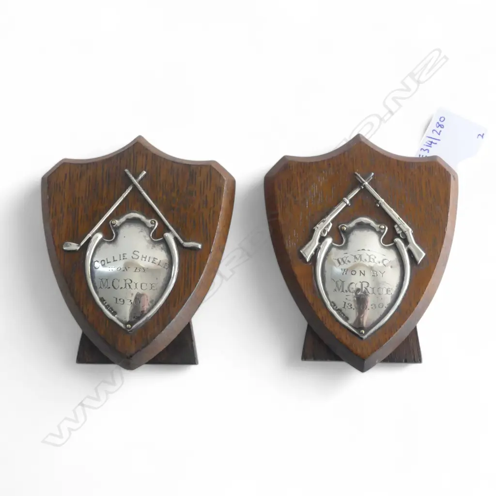 2 S/SILVER & OAK  SHEILD SPORTS TROPHYS GOLF & SHOOTING H100MM Image 1++