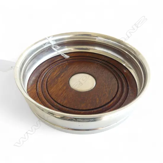 SILVER & MAHOGANY QUALITY BOTTLE COASTER Dia.135mm Birmingham 2004 in original 'Broadway' box