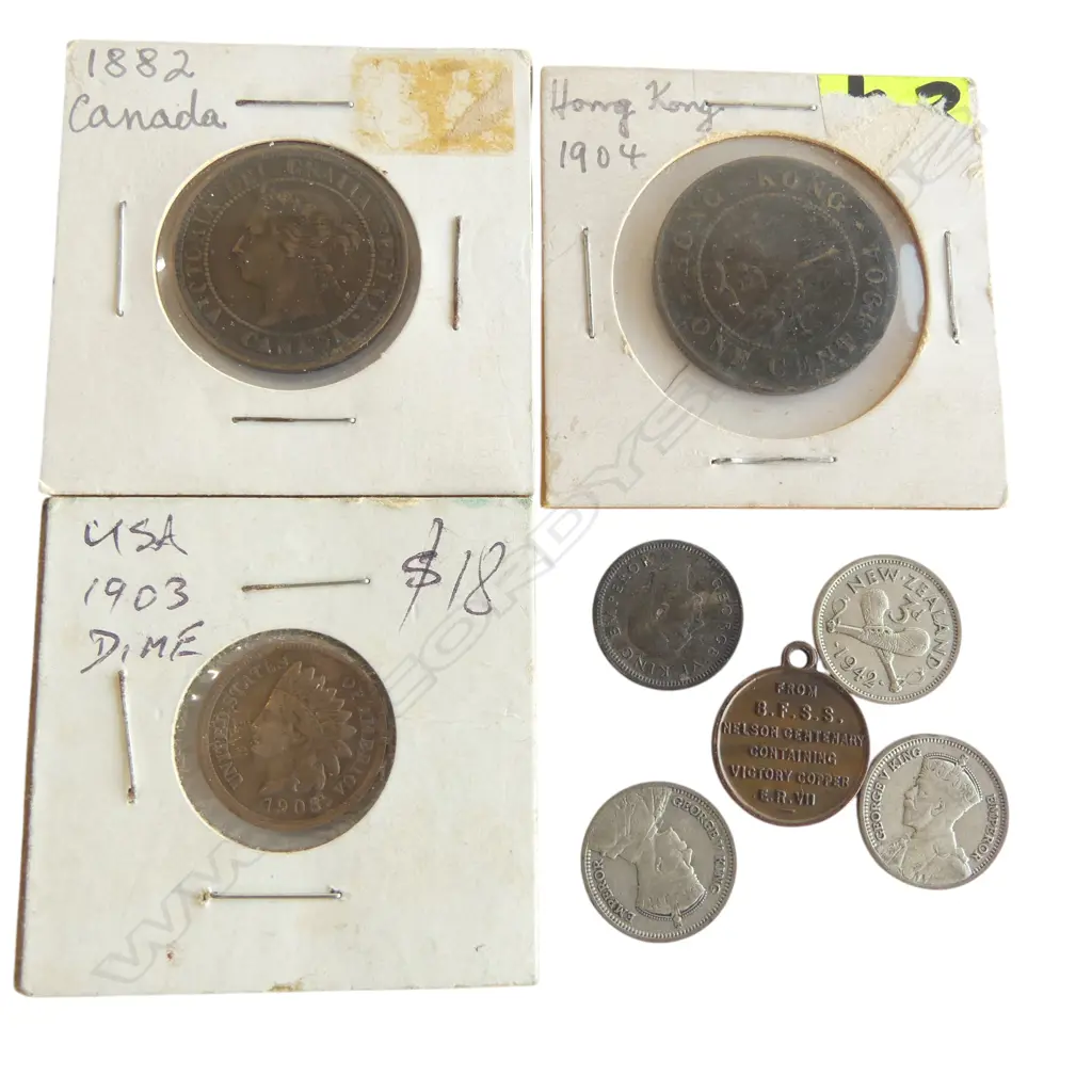ASST OLD COINS: Hong Kong 1904 1 cent + 1882 Canada 1cent + USA 1903 1cent + 1905 Victory medallion + 4x 3d Image 1++