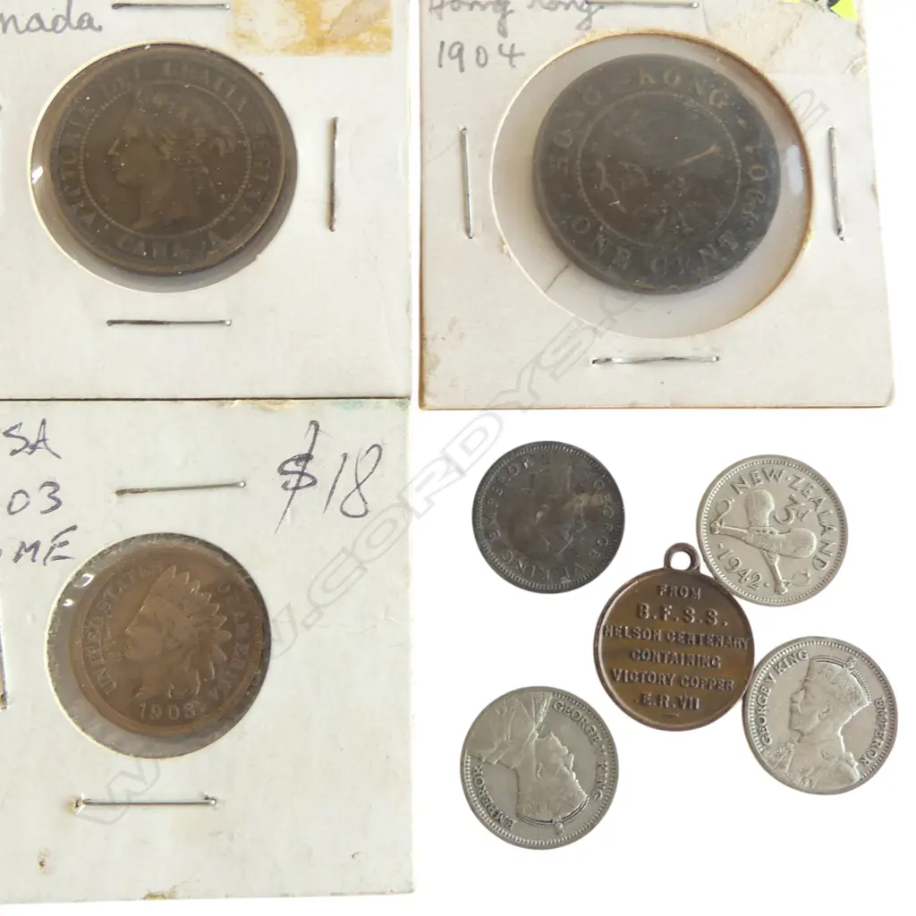 ASST OLD COINS: Hong Kong 1904 1 cent + 1882 Canada 1cent + USA 1903 1cent + 1905 Victory medallion + 4x 3d Image 1++
