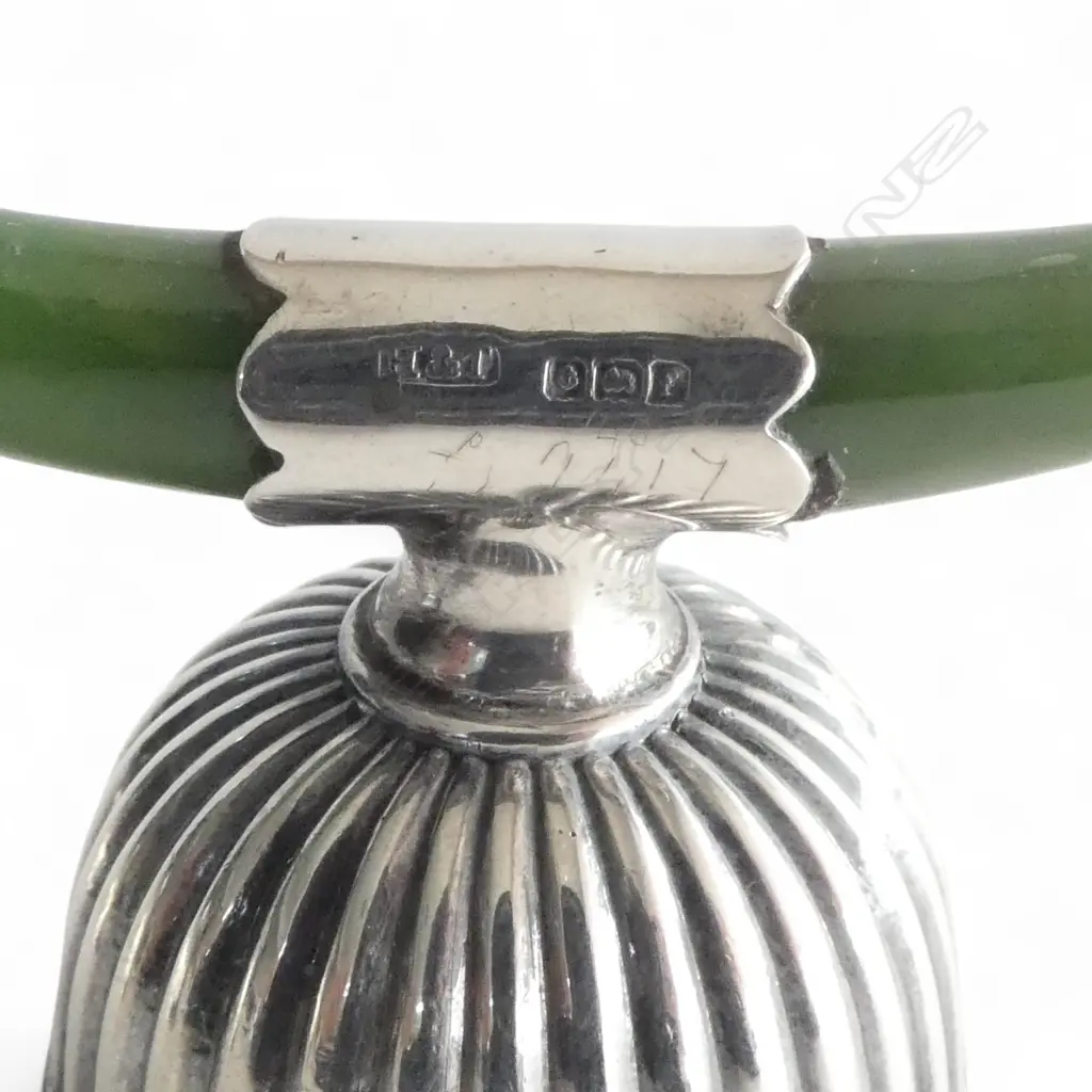 PR BIRMINGHAM 1905 SILVER & POUNAMU KNIFE RESTS horn like nephrite extensions W.64mm Image 1++
