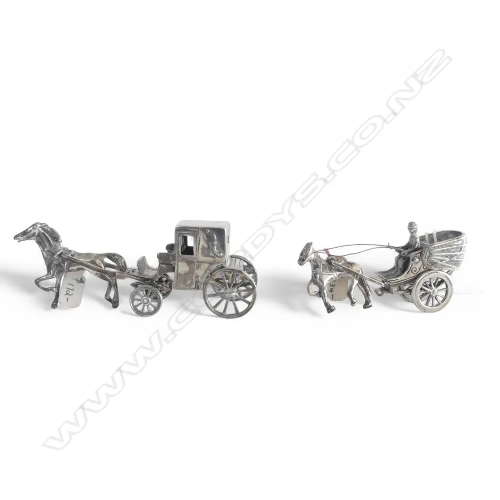 2 CAST STERLING MINI HORSE DRAWN CARRIAGES 76gms Image 1++