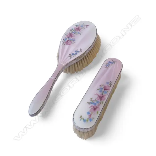 2 STG SILVER & PINK GUILLOCHE ENAMEL BRUSHES, LONDON 1958 L.250mm