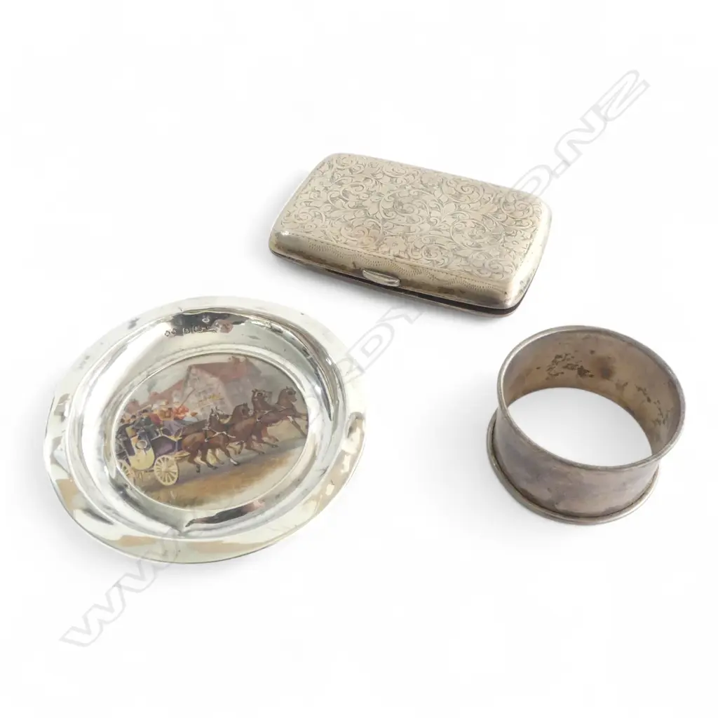 SILVER CARD CASE + NAPKIN RING 87gms + SILVER rimmed ceramic DISH Image 1++