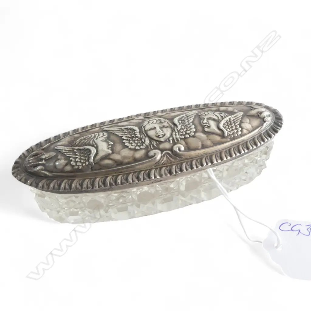 EDWARDIAN SILVER ANGELS EMBOSSED LIDDED cut crystal VANITY BOX long oval. Birmingham 1905  Image 1++