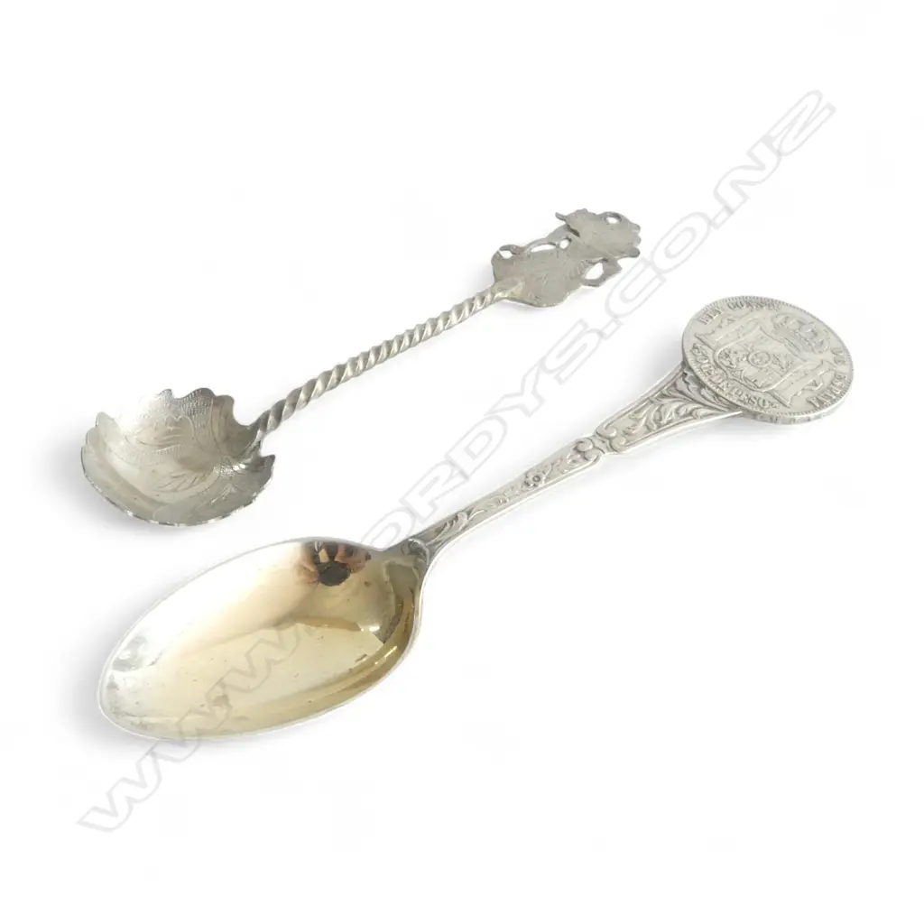 2 SILVER SPOONS: STG W COIN + INDONESIAN 850, 37gms Image 1++
