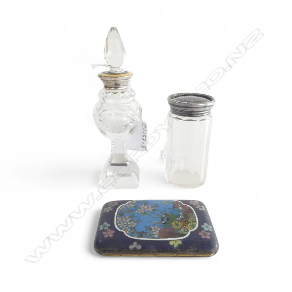 VINTAGE CLOISONNE CIG. CASE, SILVER/TORTOISE SHELL TOPPED GLASS VANITY JAR & CRYSTAL/SILVER/ENAMEL PERFUME BOTTLE Image 1++