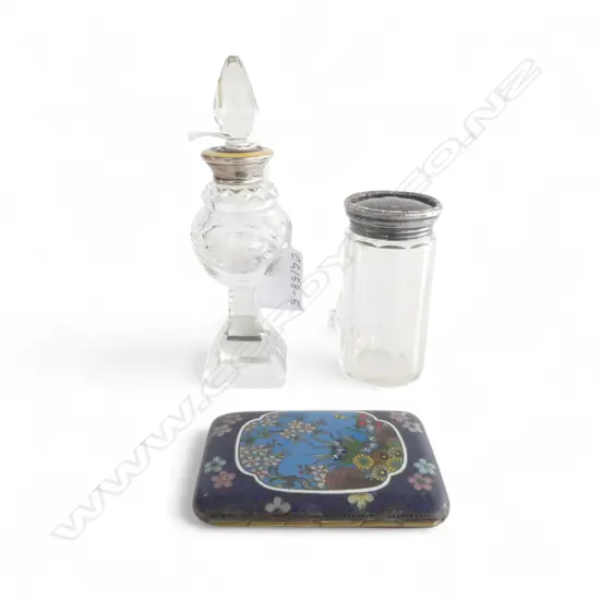VINTAGE CLOISONNE CIG. CASE, SILVER/TORTOISE SHELL TOPPED GLASS VANITY JAR & CRYSTAL/SILVER/ENAMEL PERFUME BOTTLE