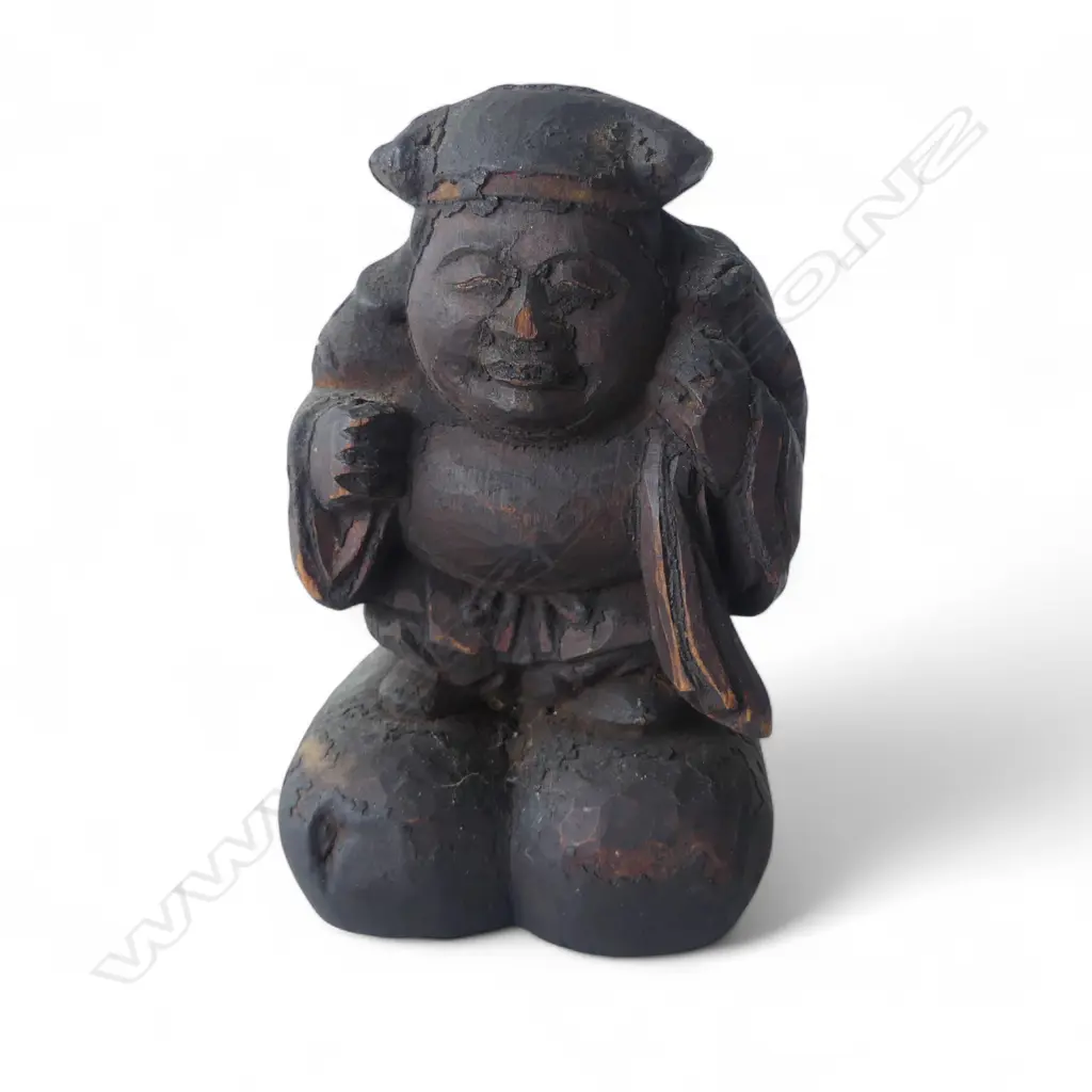 OLD JAPANESE CARVED DAIKOKUTEN SCULPTURE. Carved by house builder placed on a pole for good luck & fortune H.100mm Image 1++