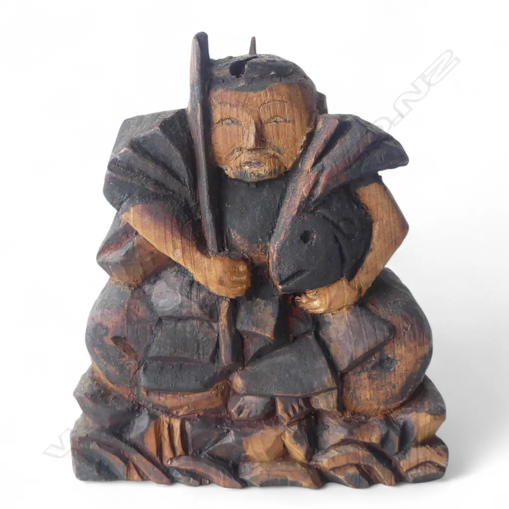OLD JAPANESE small CARVED FISHERMAN SCULPTURE. Carved by house builder placed on a pole for good luck & fortune H.100mm Image 1++