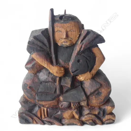 OLD JAPANESE small CARVED FISHERMAN SCULPTURE. Carved by house builder placed on a pole for good luck & fortune H.100mm