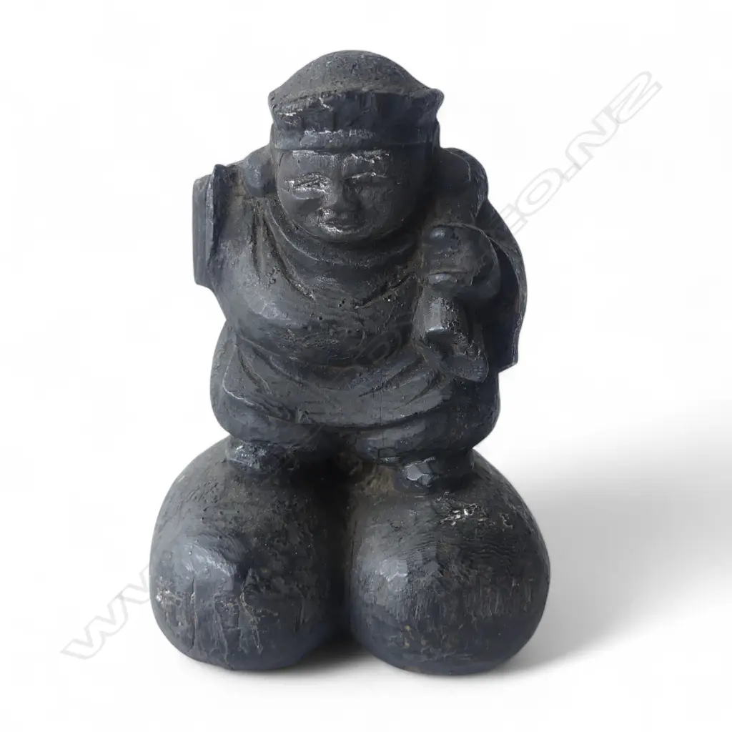 OLD JAPANESE CARVED small DAIKOKUTEN SCULPTURE. Carved by house builder placed on a pole for good luck & fortune H.100mm Image 1++