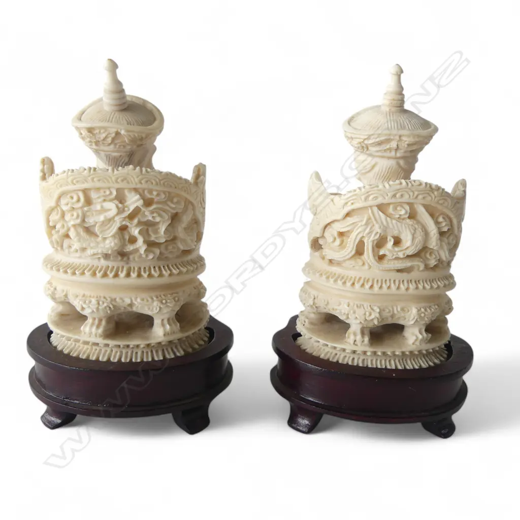 PR OF CHINESE CARVED IVORY EMPORER & EMPRESS SEATED FIGURES on wood stands. H.110mm Image 1++