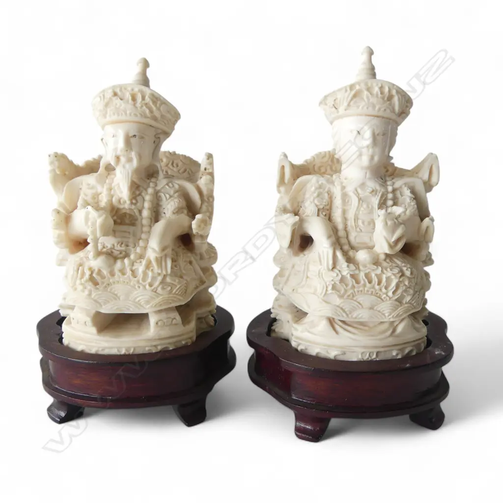 PR OF CHINESE CARVED IVORY EMPORER & EMPRESS SEATED FIGURES on wood stands. H.110mm Image 1++