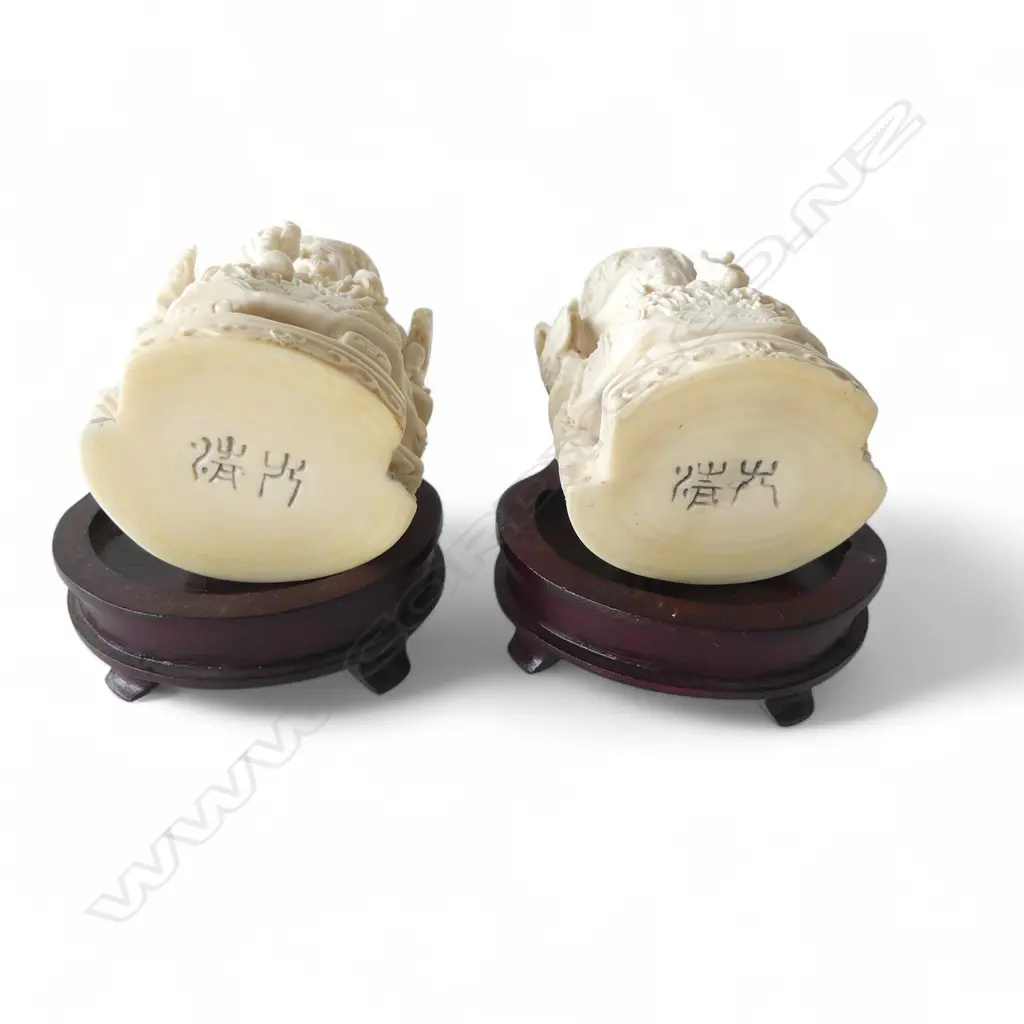 PR OF CHINESE CARVED IVORY EMPORER & EMPRESS SEATED FIGURES on wood stands. H.110mm Image 1++
