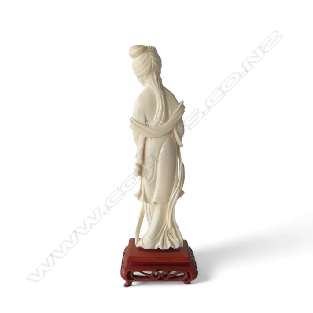 CHINESE CARVED IVORY FIGURE OF QUAN YIN the Goddess of Mercy on wood stand H.180mm Image 1++