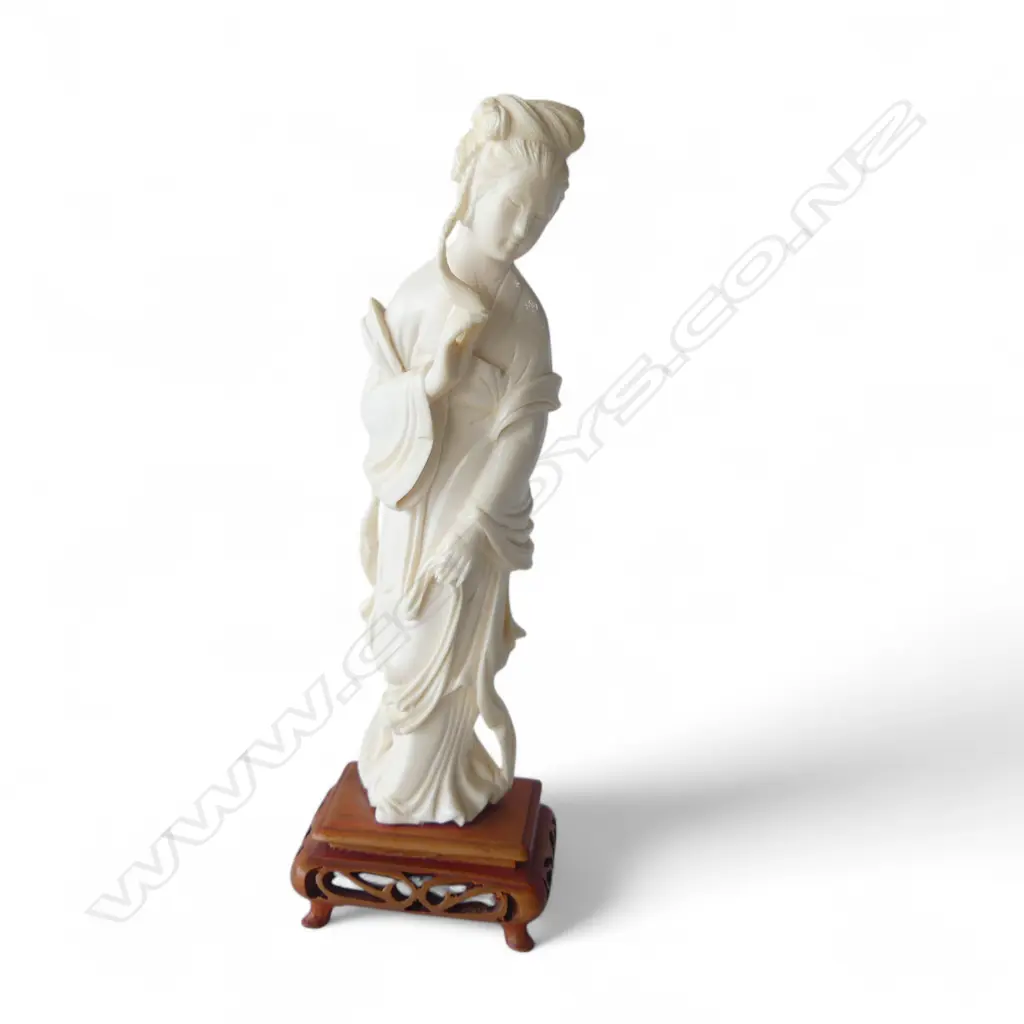 CHINESE CARVED IVORY FIGURE OF QUAN YIN the Goddess of Mercy on wood stand H.180mm Image 1++