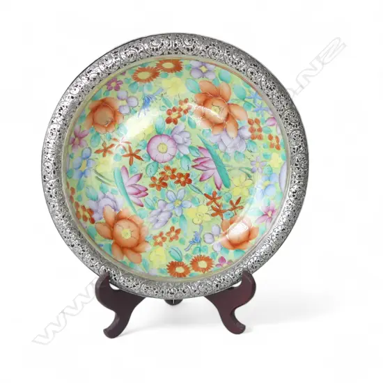 SILVER RIMMED HAND PAINTED FLORAL ORIENTAL BOWL DIA270MM