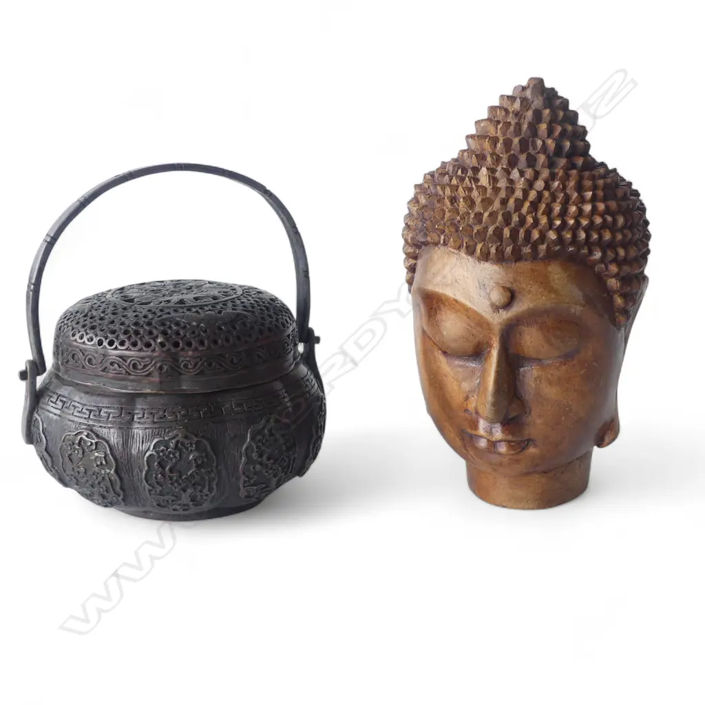 ORIENTAL METAL LIDDED CONTAINER 125mm dia + CARVED WOODEN BUDDHA HEAD H.170mm Image 1++