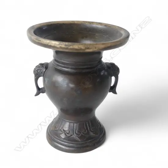 OLD ORIENTAL BRONZE small BALUSTER VASE elephant head handles. Character marks to base.  H.88mm