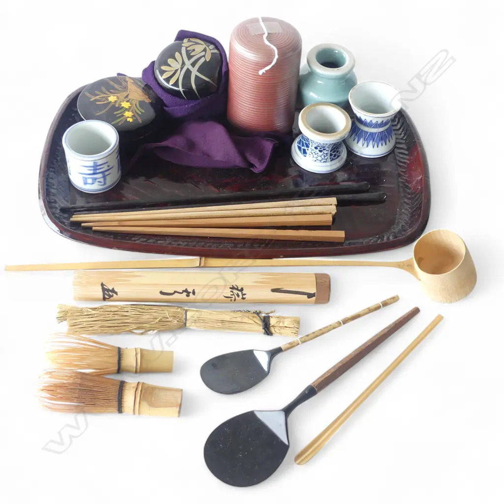 JAPANESE TRAY OF CHADOGU (TEA CEREMONY) UNTENSILS: whisks + ladle + various containers lacquered & pottery. some bamboo  Image 1++