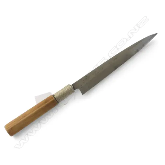 1950's JAPANESE CHEF'S KNIFE w HANDBEATEN DESIGN BOLSTER, SIGNED to BLADE