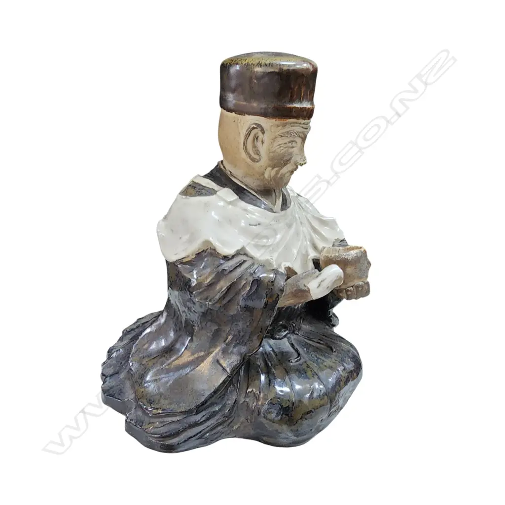 ORIENTAL POTTERY SCULPTURE OF A SEATED GENT WITH BOWL white glazed apron H.220mm Image 1++