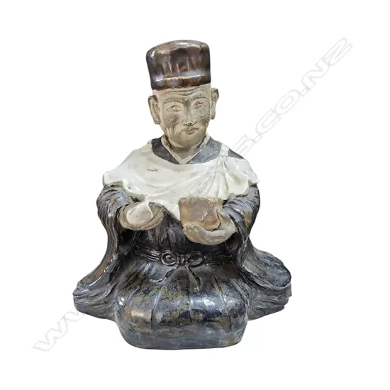 ORIENTAL POTTERY SCULPTURE OF A SEATED GENT WITH BOWL white glazed apron H.220mm