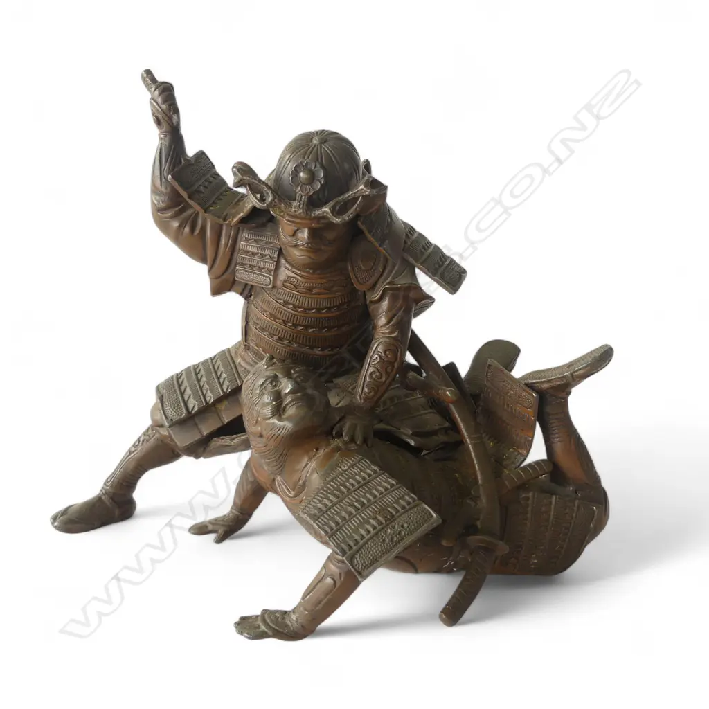 JAPANESE MEIJI BRONZED SPELTER SAMURAI WARRIORS BATTLING blade missing H.205mm Image 1++