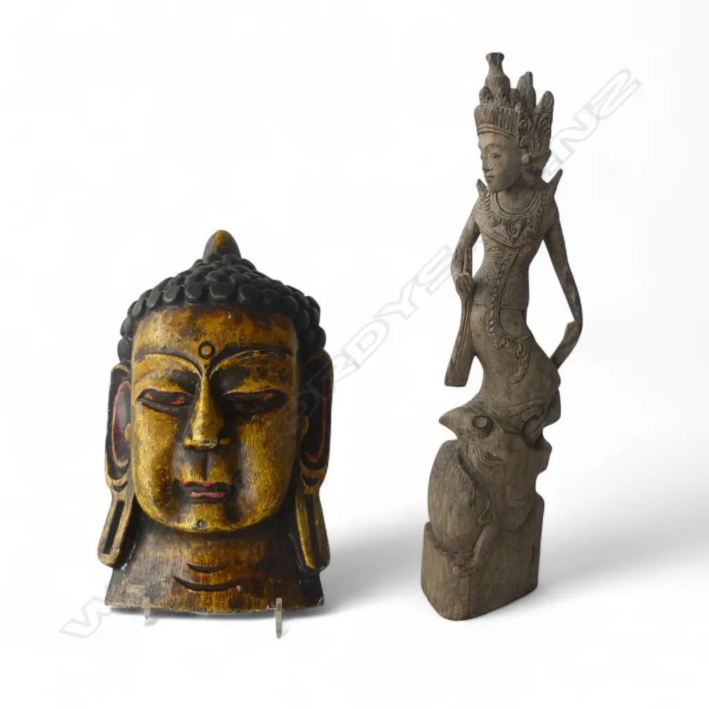 2 ORIENTAL CARVED WOODEN PCES; INDONESIAN FIGURE H.325mm , BUDDHA FACE H.245mm Image 1++
