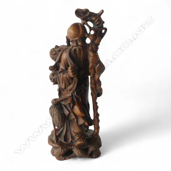 ANTIQUE CHINESE CARVED WOOD FIGURE TRAVELLER WITH CRANE H260MM