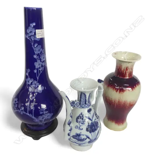 3 ORIENTAL CERAMICS; 2 VASES (1 RIM CHIPPED) H.315mm, B/W JUG