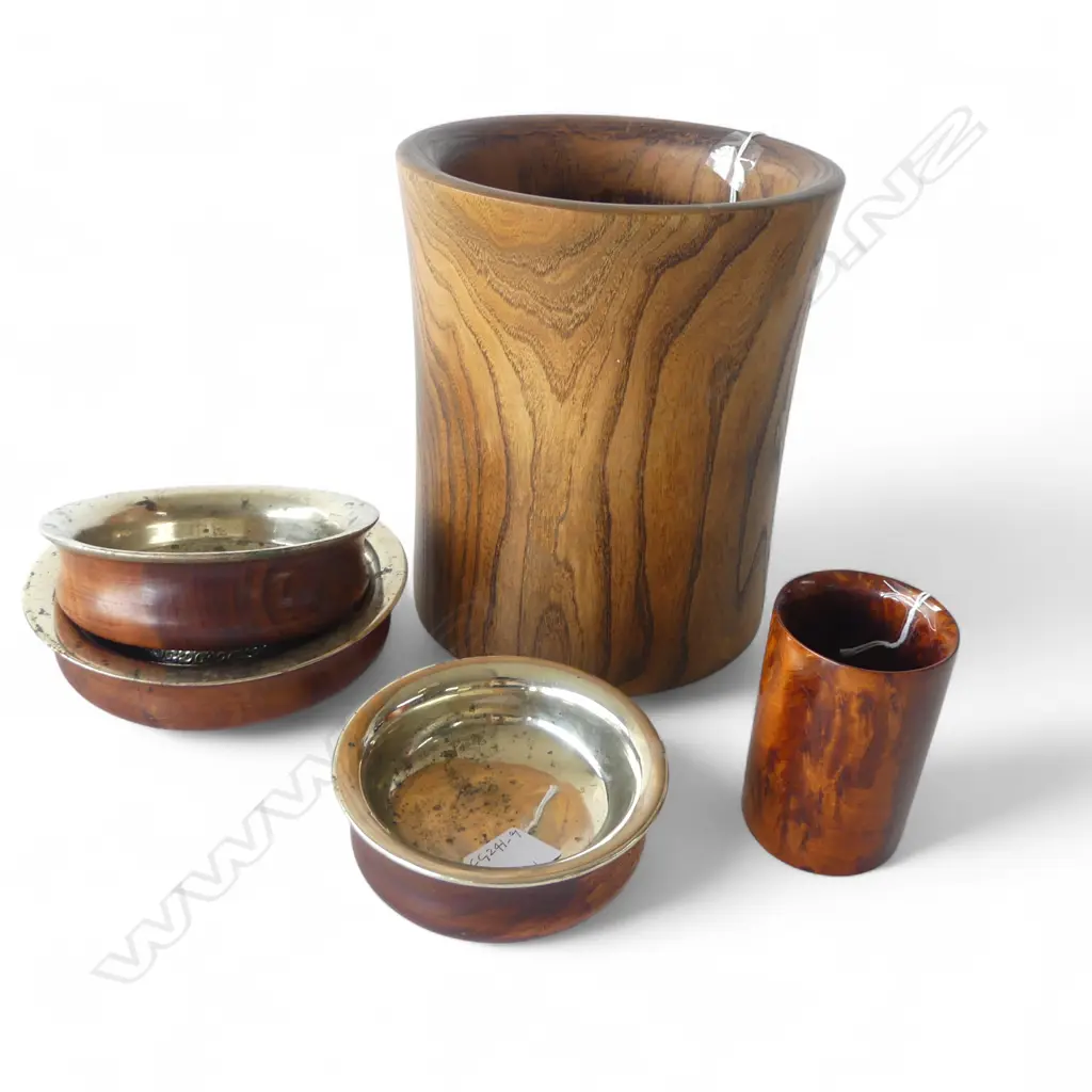 TWO CHINESE WOODEN BRUSH POTS; SML  HUANGUAL H.110mm & TALL JICHIMU H.240mm & 3 TIBETAN TEABOWLS, Dia.170,150,120mm Image 1++