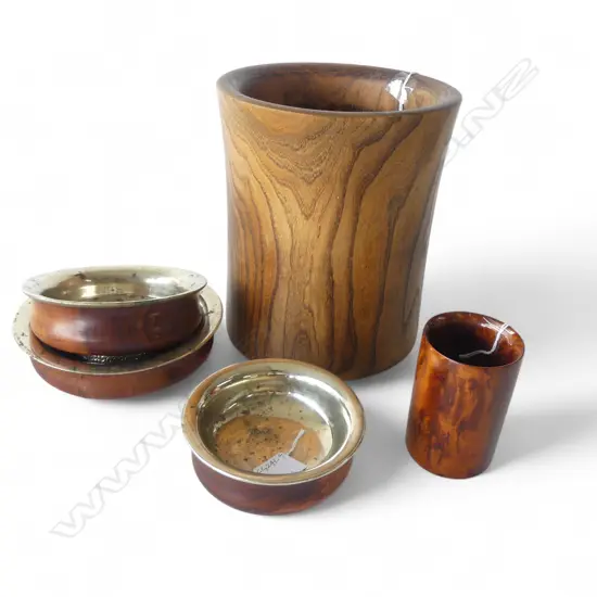 TWO CHINESE WOODEN BRUSH POTS; SML  HUANGUAL H.110mm & TALL JICHIMU H.240mm & 3 TIBETAN TEABOWLS, Dia.170,150,120mm