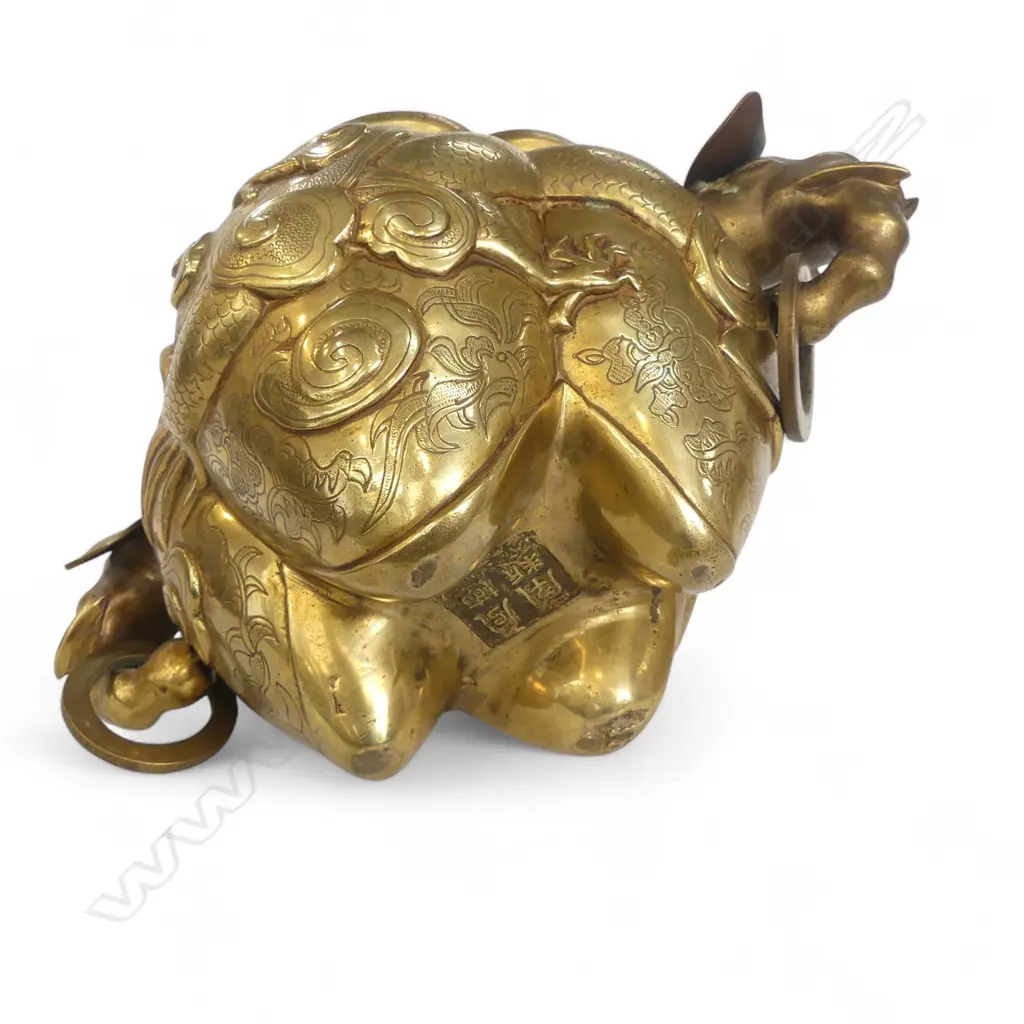 CHINESE BRASS LIDDED CENSER H.200 W.300mm dragon & flaming pearl, elephant captured ring handles, 4 character seal mark Image 1++