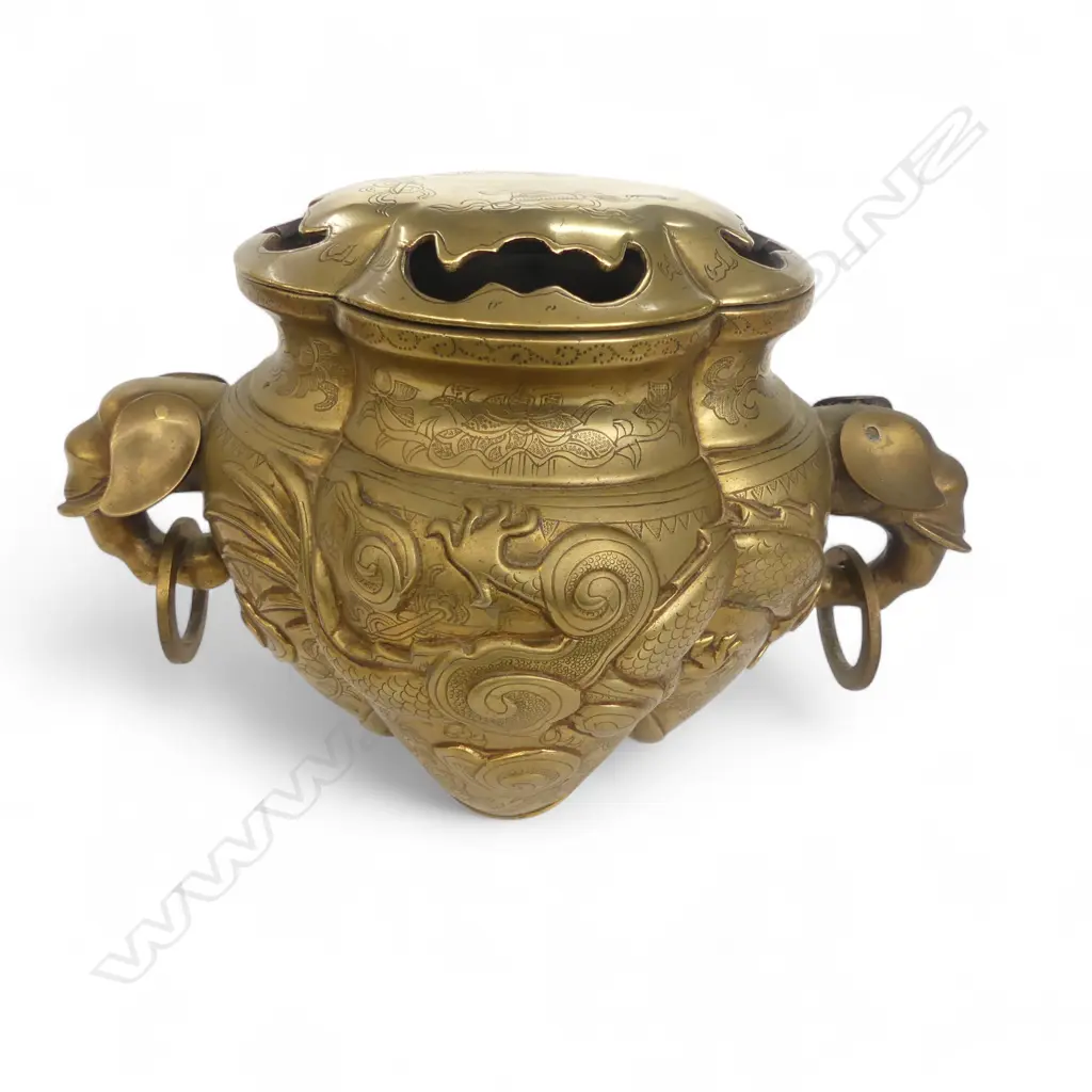 CHINESE BRASS LIDDED CENSER H.200 W.300mm dragon & flaming pearl, elephant captured ring handles, 4 character seal mark Image 1++