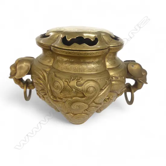 CHINESE BRASS LIDDED CENSER H.200 W.300mm dragon & flaming pearl, elephant captured ring handles, 4 character seal mark