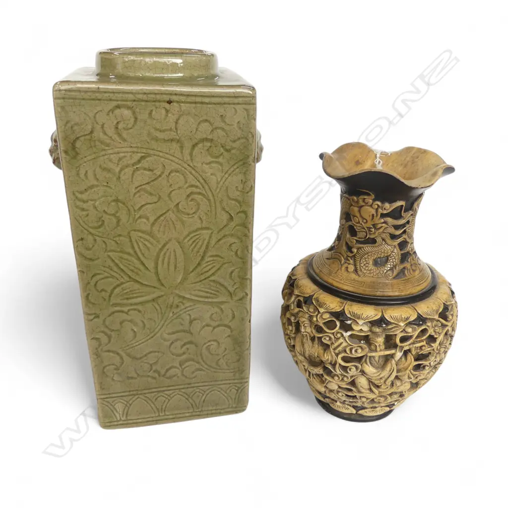 2 CHINESE VASES; CHINESE CELADON GLAZED, 300mm & CINNABAR-STYLE CARVED SOAPSTONE, 230mm Image 1++