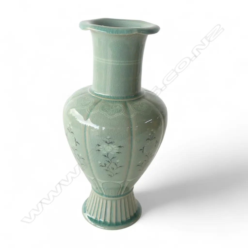 FINE ORIENTAL CELADON GLAZED & PAINTED BALUSTER VASE panelled body fluted base H.298mm Image 1++