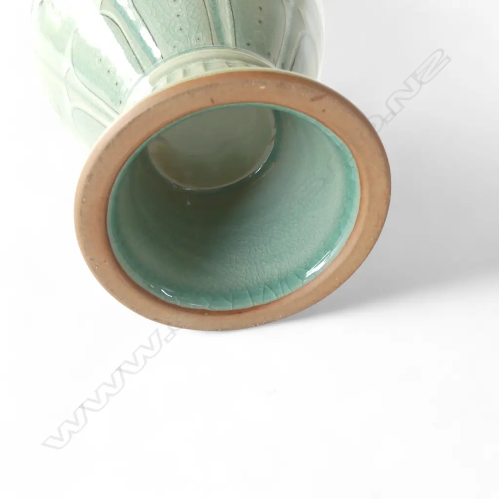 FINE ORIENTAL CELADON GLAZED & PAINTED BALUSTER VASE panelled body fluted base H.298mm Image 1++