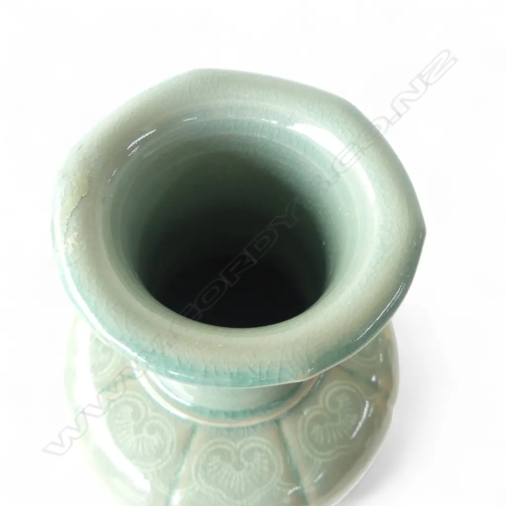 FINE ORIENTAL CELADON GLAZED & PAINTED BALUSTER VASE panelled body fluted base H.298mm Image 1++