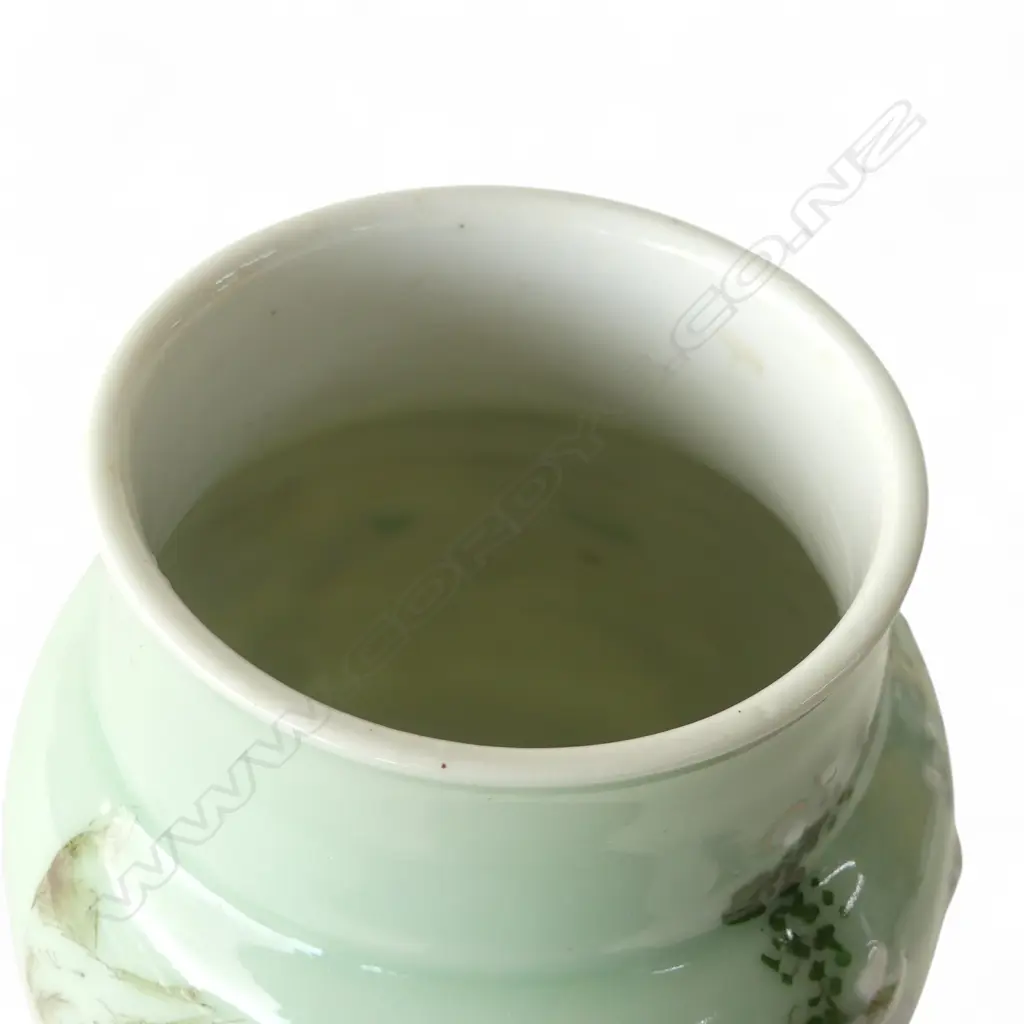 JAPANESE PORCELAIN VASE GREEN FLORAL GLAZE H250MM Image 1++