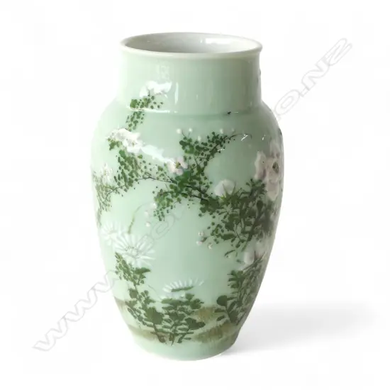 JAPANESE PORCELAIN VASE GREEN FLORAL GLAZE H250MM